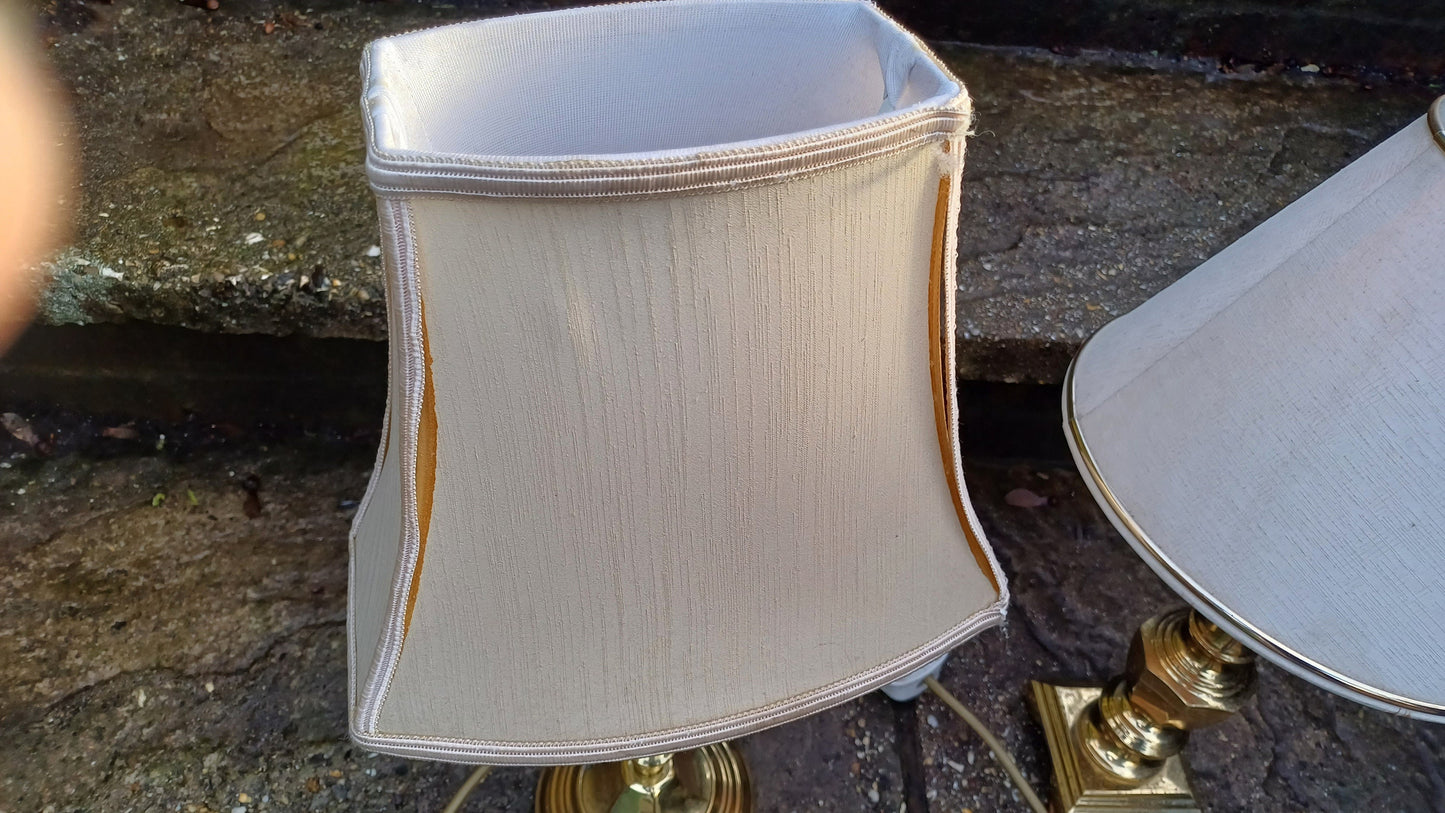 Two brass lamps with shades authentic vintage - working - 38cm and 42cm tall with shades