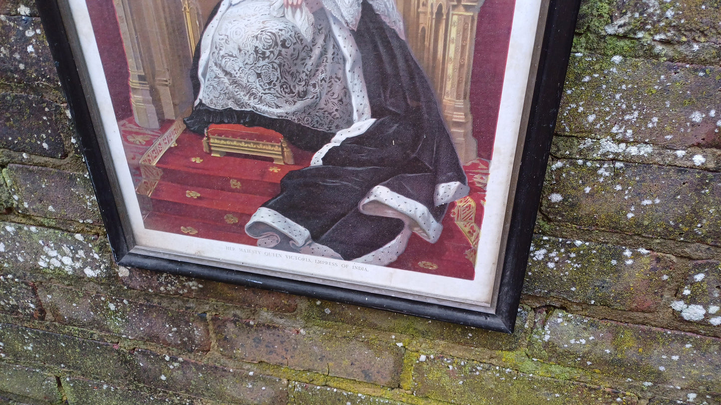 Antique Print of Queen Victoria Empress of India in original vintage black wooden frame ( T R Casselden)- large 40cm x 54cm