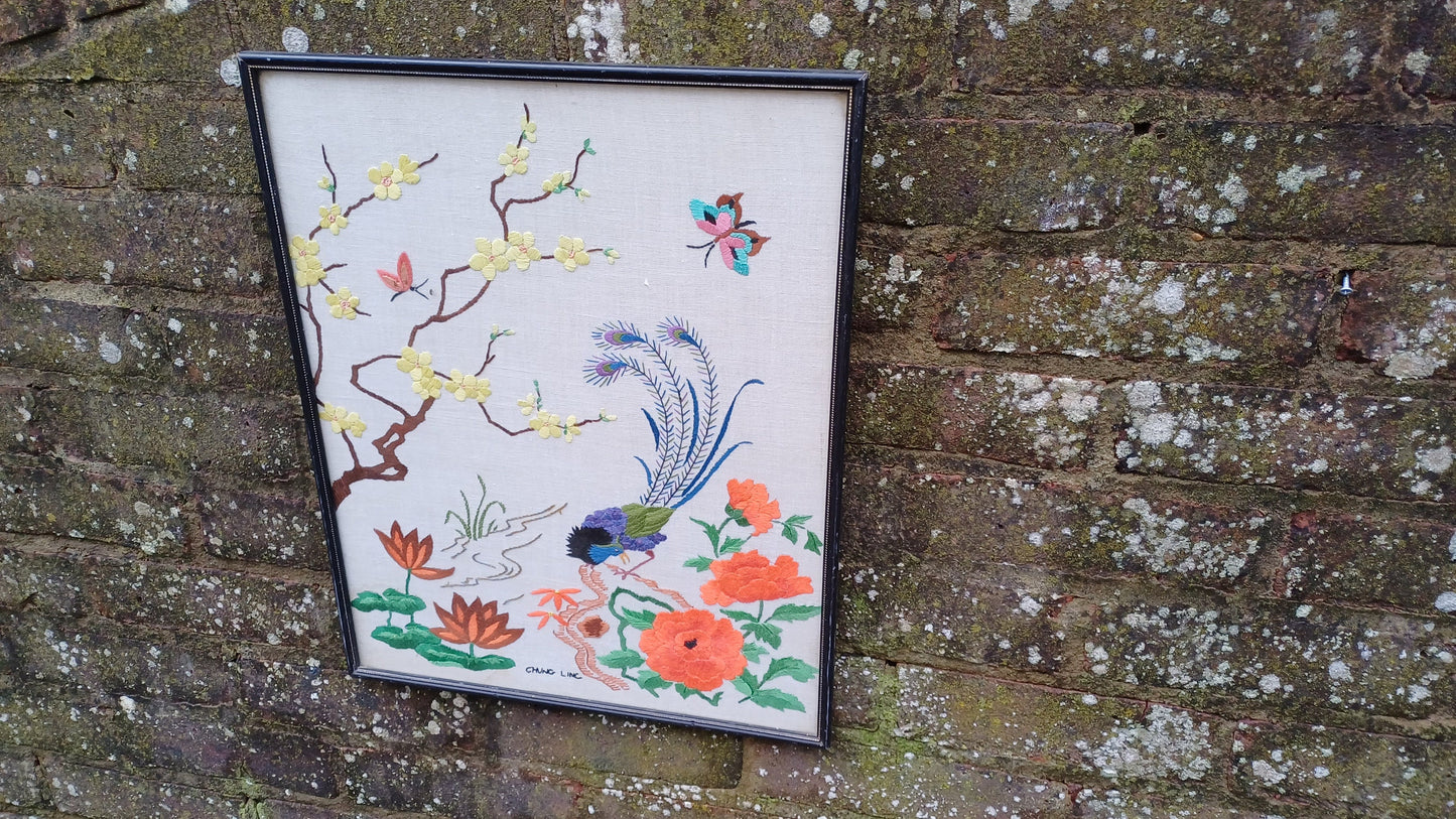 Vintage Chinese Oriental Needlework Embroidery Needlepoint of peacock, blossoms, butterflies and flowers - beautifully done (47cm x 38cm)