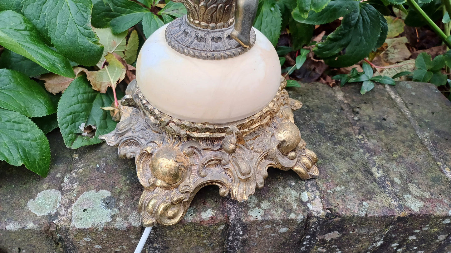 Outstanding Large Cherub Vintage Decorative Marble and Brass Gold Table Lamp. Working.