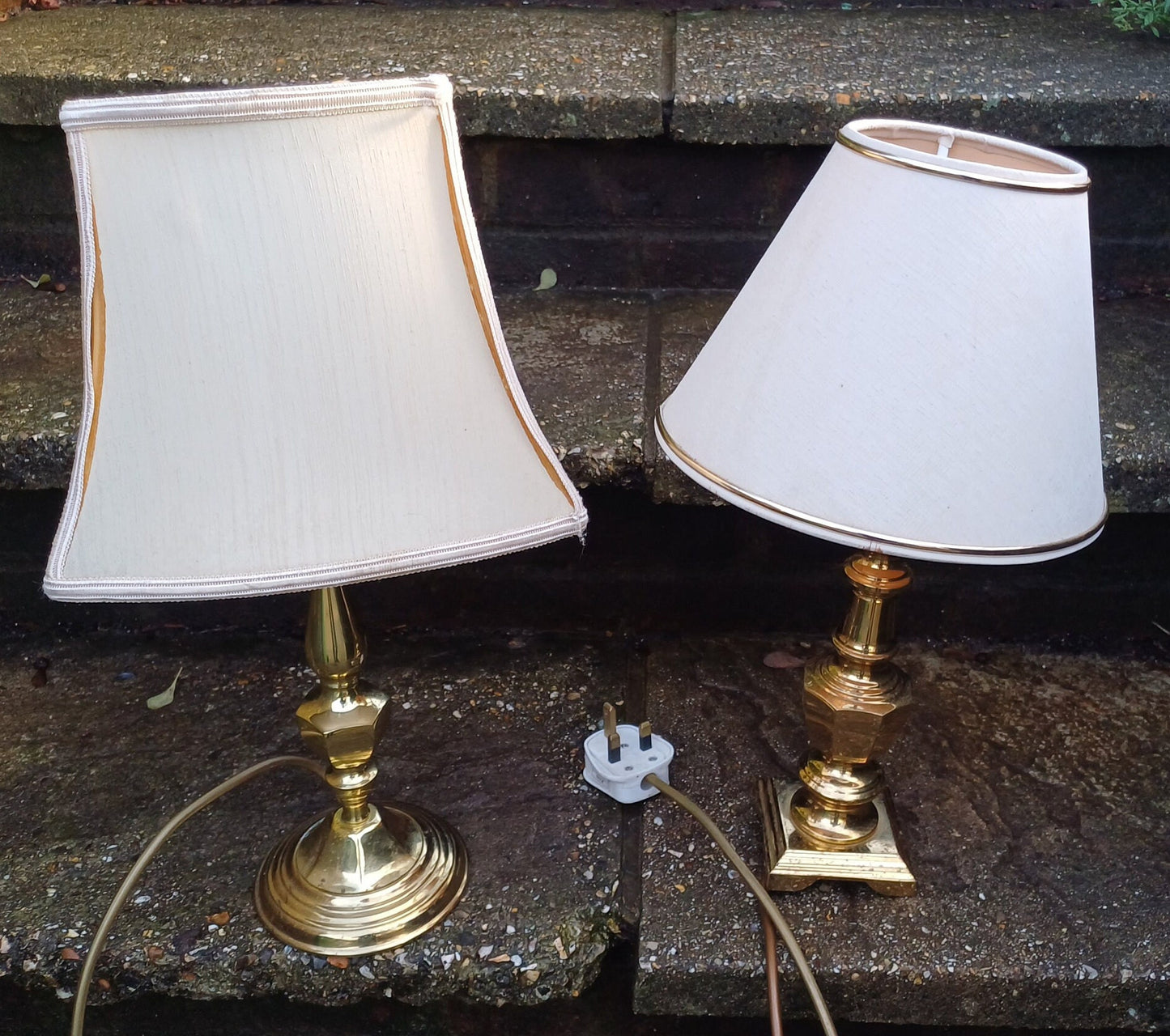 Two brass lamps with shades authentic vintage - working - 38cm and 42cm tall with shades