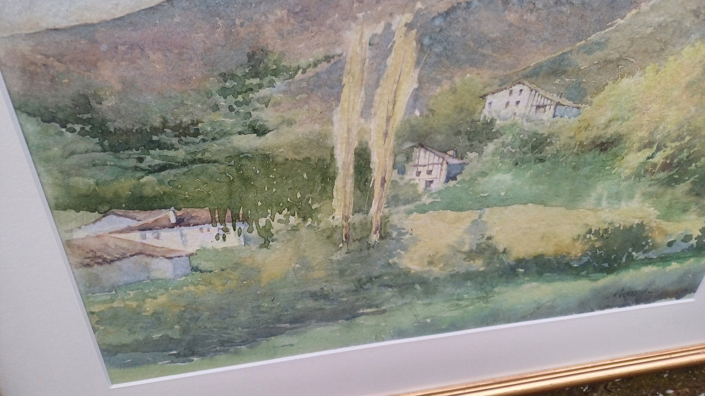 Superb Signed Large Watercolour Print Manuel Susperregui Gold Wooden Glazed Frame.