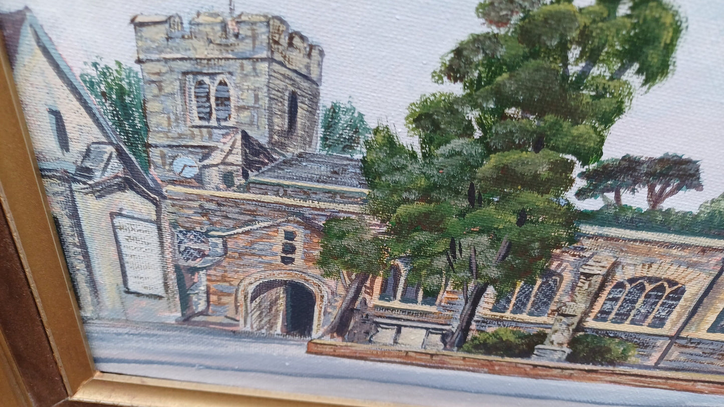 St Mary Church, Finchley original oil painting framed in gilt and velvet vintage frame 29cm x 33.5cm