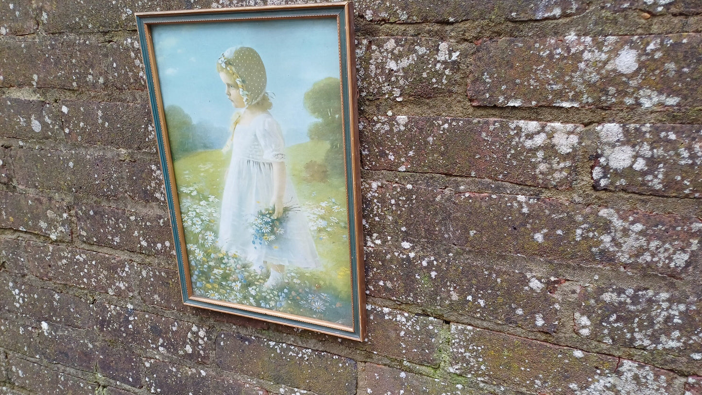 Summer Child in Meadow full of Daisies - print (Victorian) of girl in a bonnet in a meadow, child's bedroom, baby nursery - 26cm x 37cm