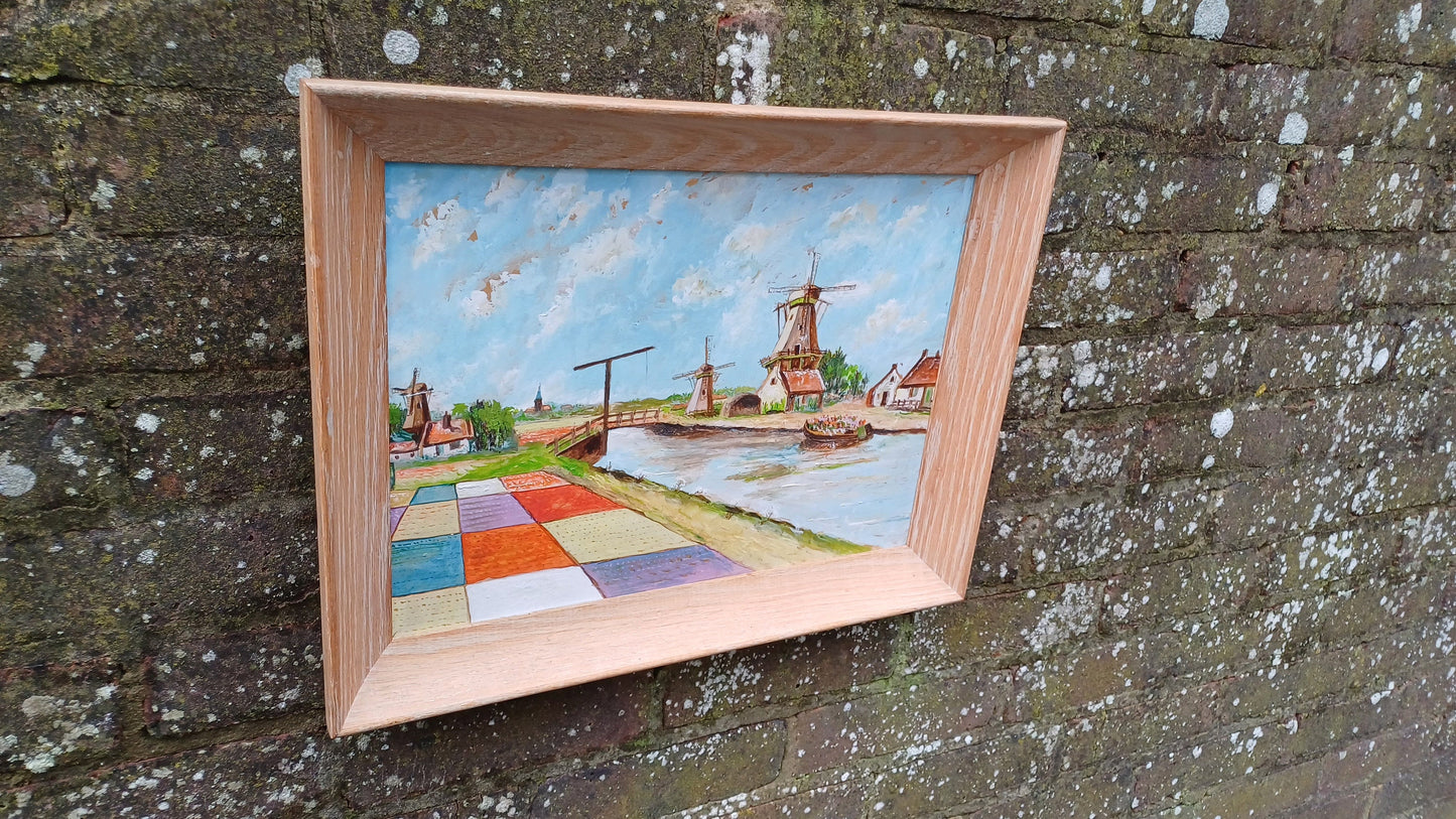 Bright and Cheerful Tulip Fields and Windmills - vintage original oil painting in a light wood frame 37cm x 48cm