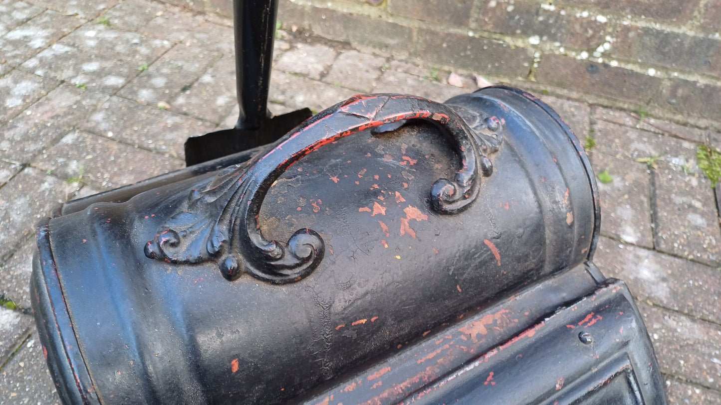 Stunning Painted Black Late Victorian Central European Coal Scuttle Dog Motif with Shovel