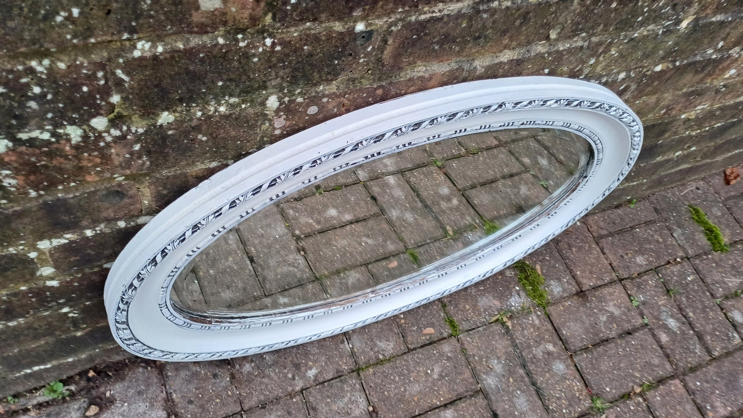 Large Vintage Painted Oval Mirror in Farrow and Ball Wimborne White.