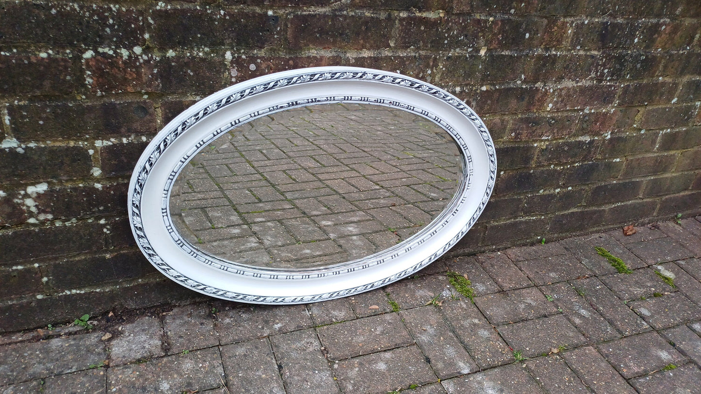 Large Vintage Painted Oval Mirror in Farrow and Ball Wimborne White.