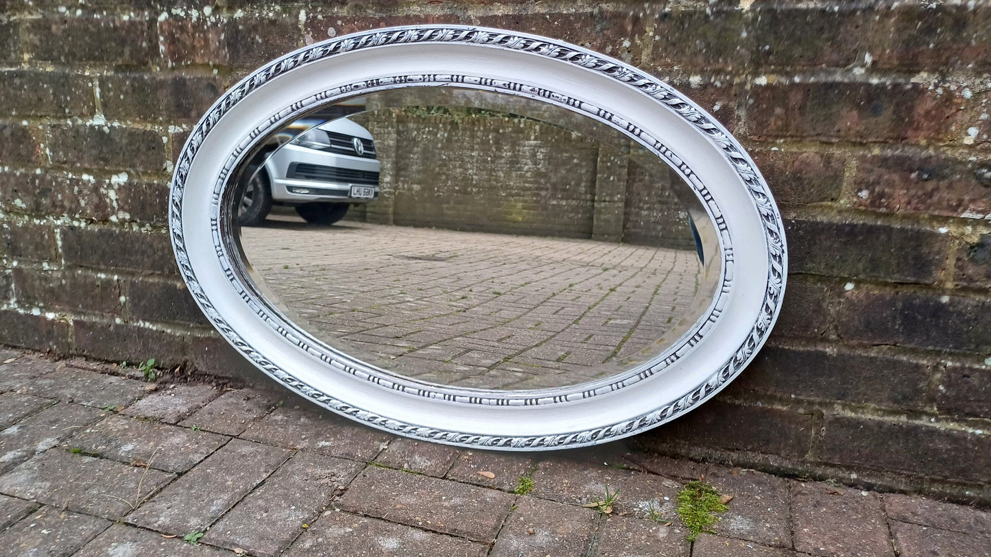 Large Vintage Painted Oval Mirror in Farrow and Ball Wimborne White.