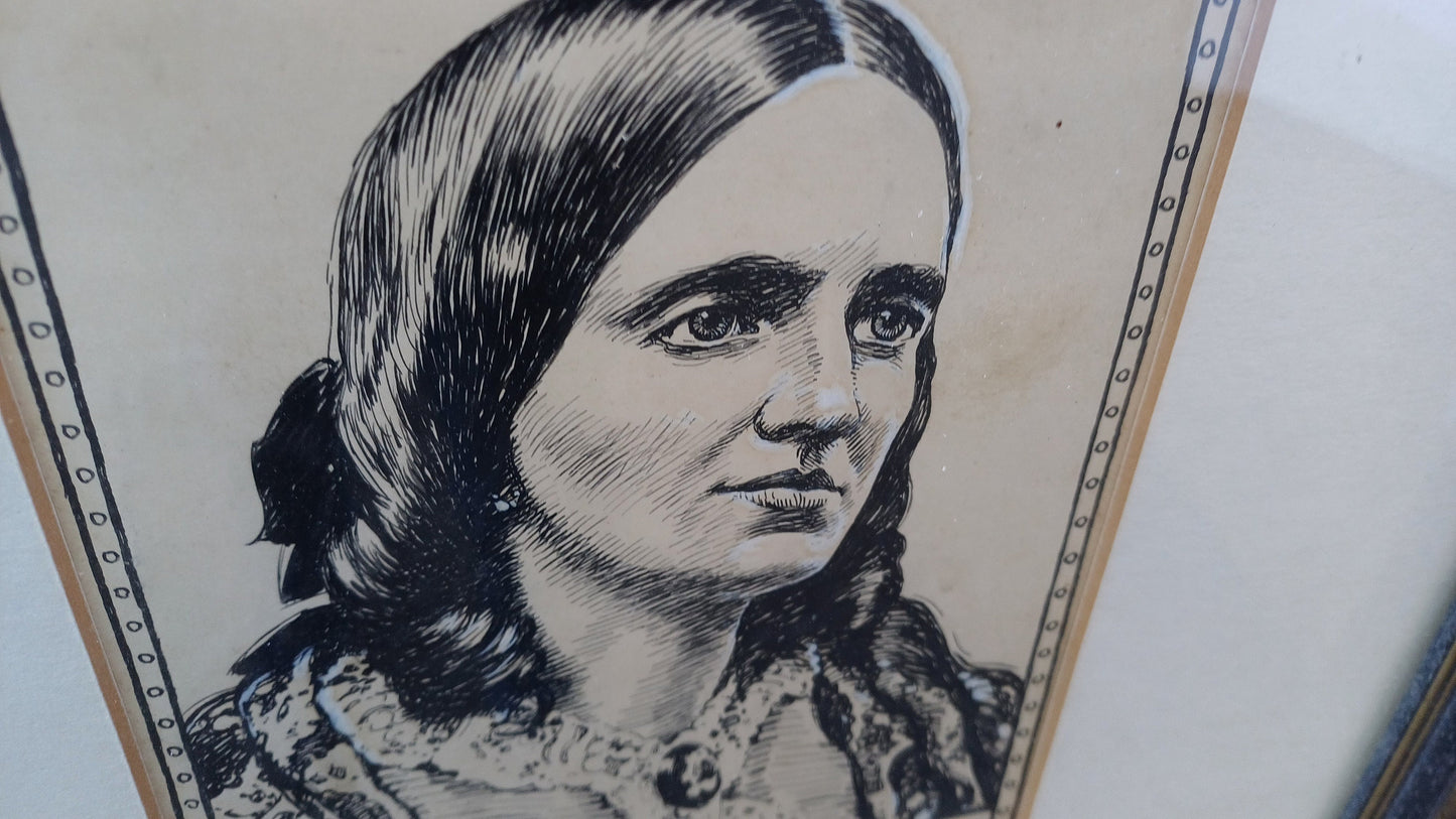 Vintage Print (or original?) Ink Drawing of Mrs Gatty/Margaret Gatty - Victorian children's author and marine scientist, framed in Sussex