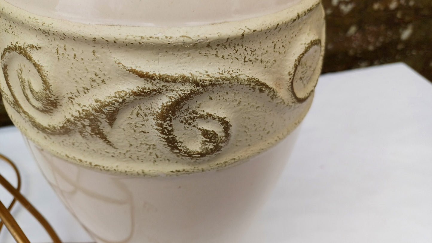 Large 1990s ceramic cream table lamp with Gold pottery effect relief and detail - 37cm tall - working condition