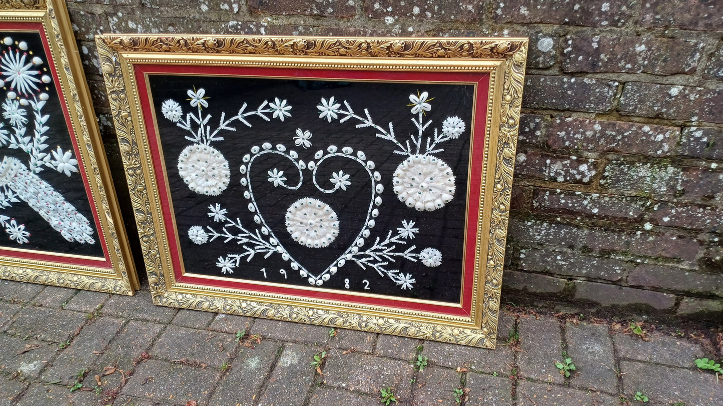 Superb Rare and Quirky Large Pair Possibly Indian Asian Peacock Bird of Paradise and Lover's Craft Fabric Collage in Gold Wooden Frames