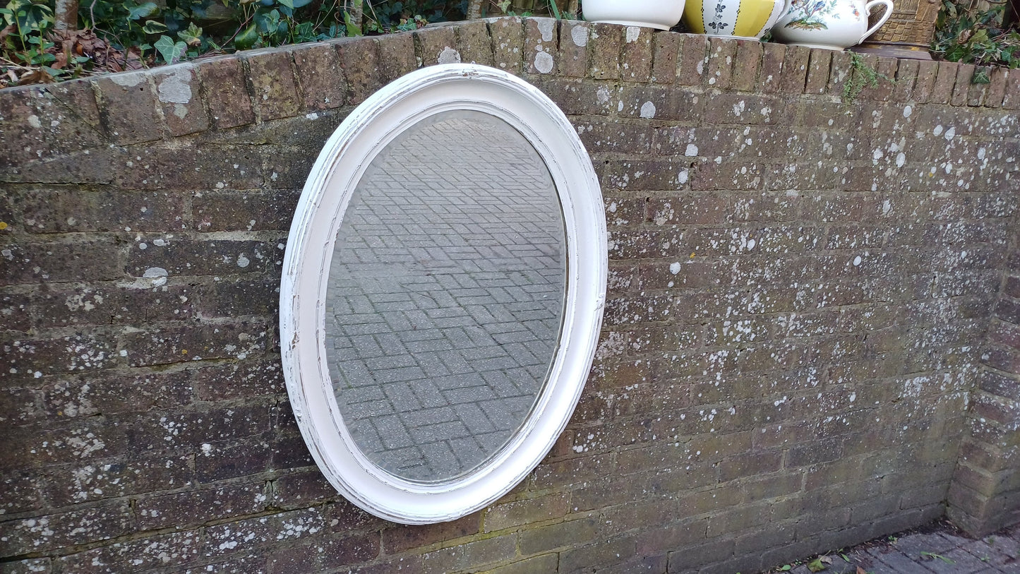 Vintage Unique Painted Shabby Chic Oval Mirror in Farrow and Ball Wimborne White and Gold Highlights