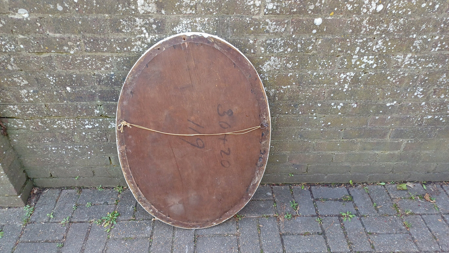 Vintage Unique Painted Shabby Chic Oval Mirror in Farrow and Ball Wimborne White and Gold Highlights