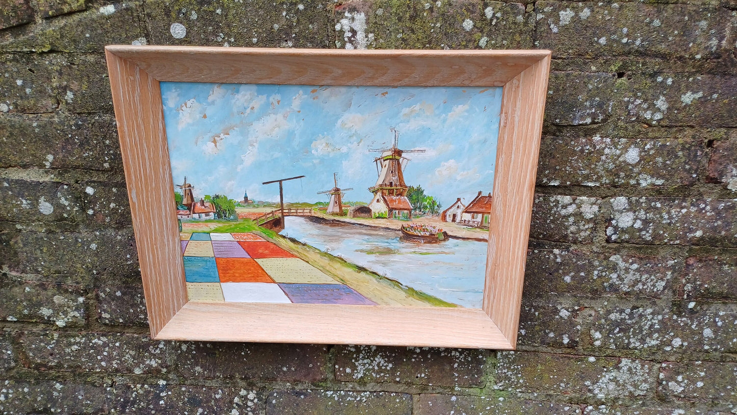 Bright and Cheerful Tulip Fields and Windmills - vintage original oil painting in a light wood frame 37cm x 48cm
