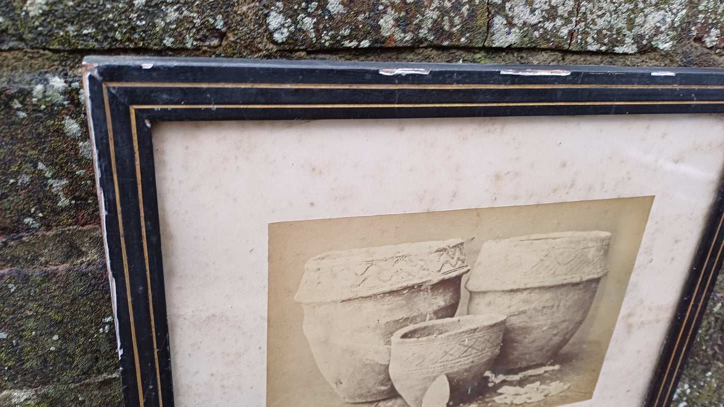Antique vintage print / photo of Urns and Flint Arrowheads Tomont End 1881 Cumbray (Scotland) in glazed antique black and gold frame