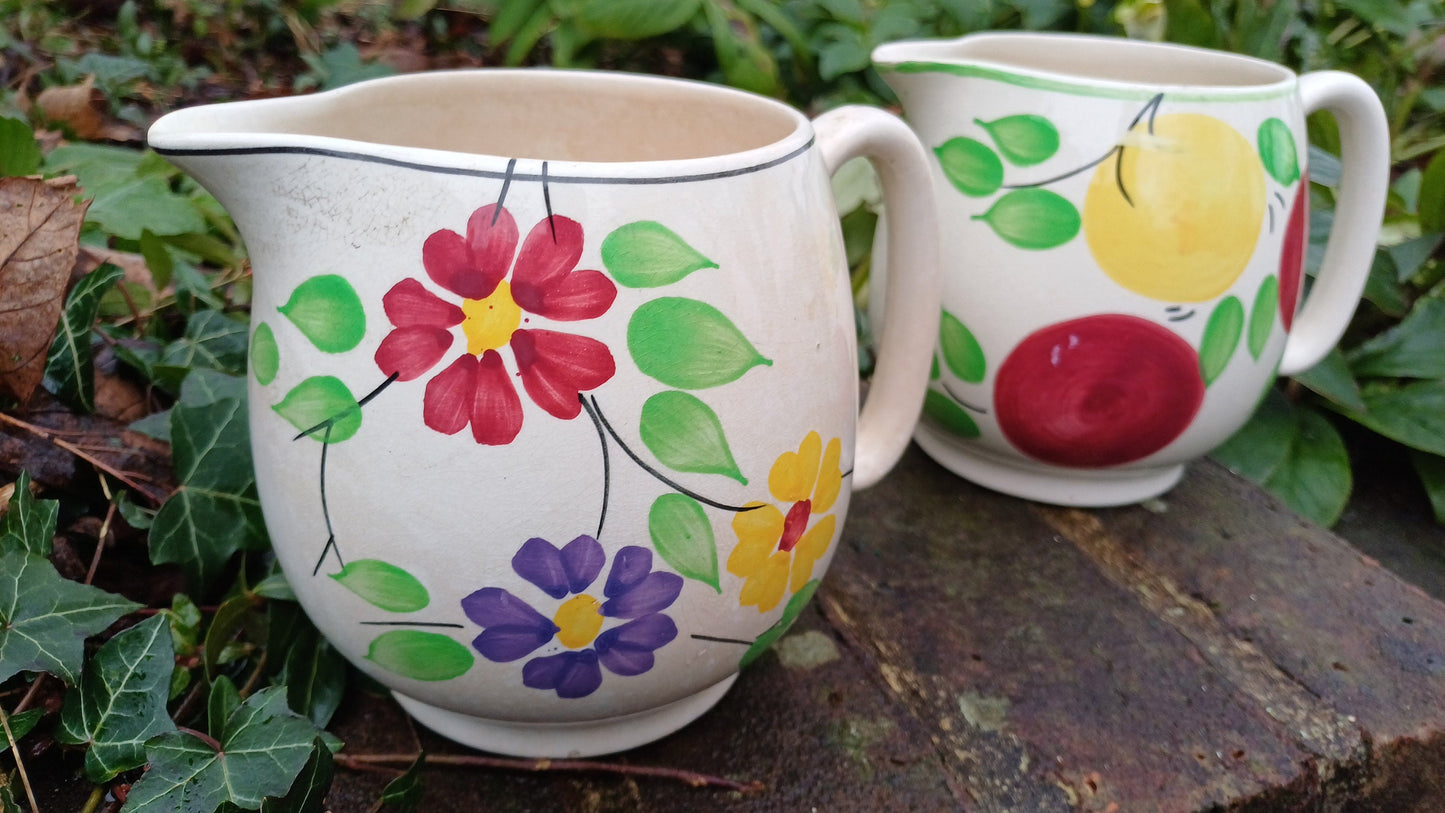 Mid century vintage matching pottery jugs - handpainted flowers and fruit - glazed, kitchen jugs, vases, 13cm tall