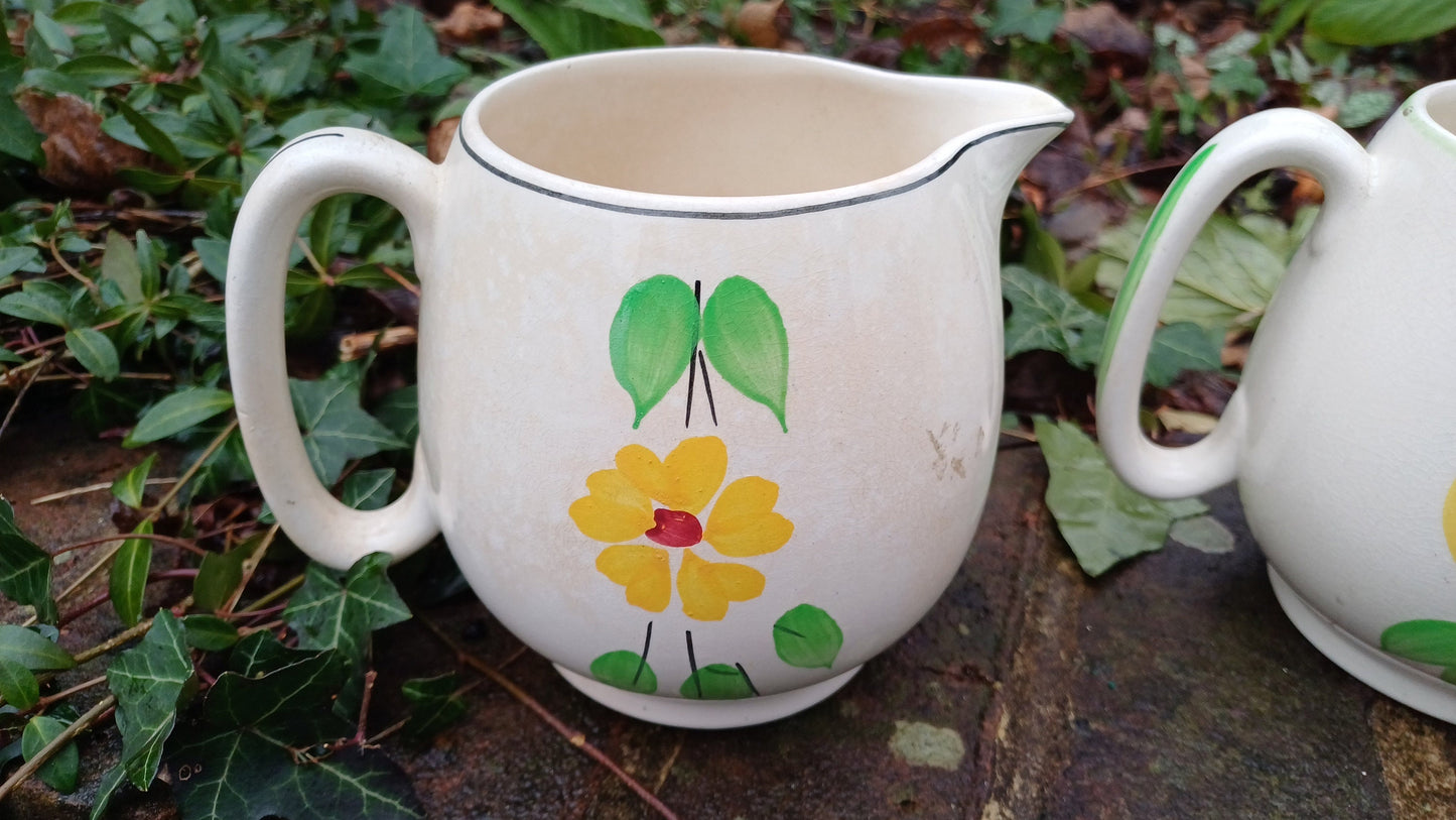 Mid century vintage matching pottery jugs - handpainted flowers and fruit - glazed, kitchen jugs, vases, 13cm tall