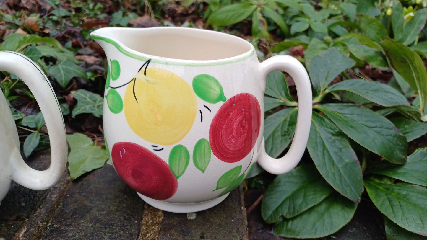 Mid century vintage matching pottery jugs - handpainted flowers and fruit - glazed, kitchen jugs, vases, 13cm tall