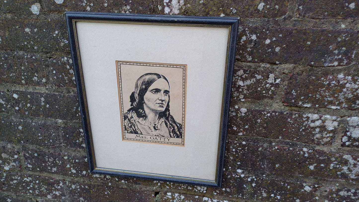 Vintage Print (or original?) Ink Drawing of Mrs Gatty/Margaret Gatty - Victorian children's author and marine scientist, framed in Sussex