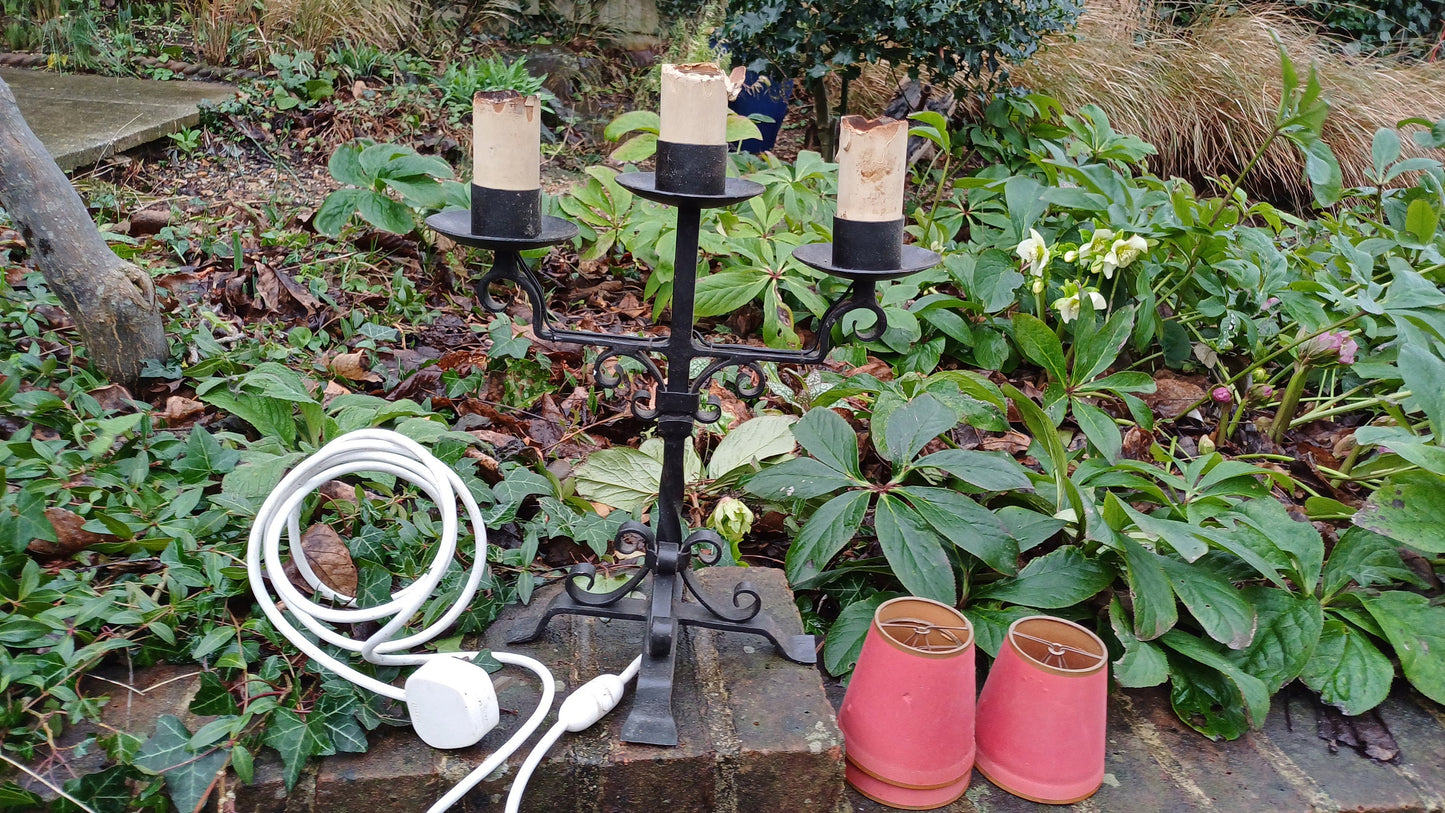 1960s Candelabra style black metal lamp with 3 original red shades - 36cm tall, gothic, medieval, church, olde worlde, pub lamp - WORKING
