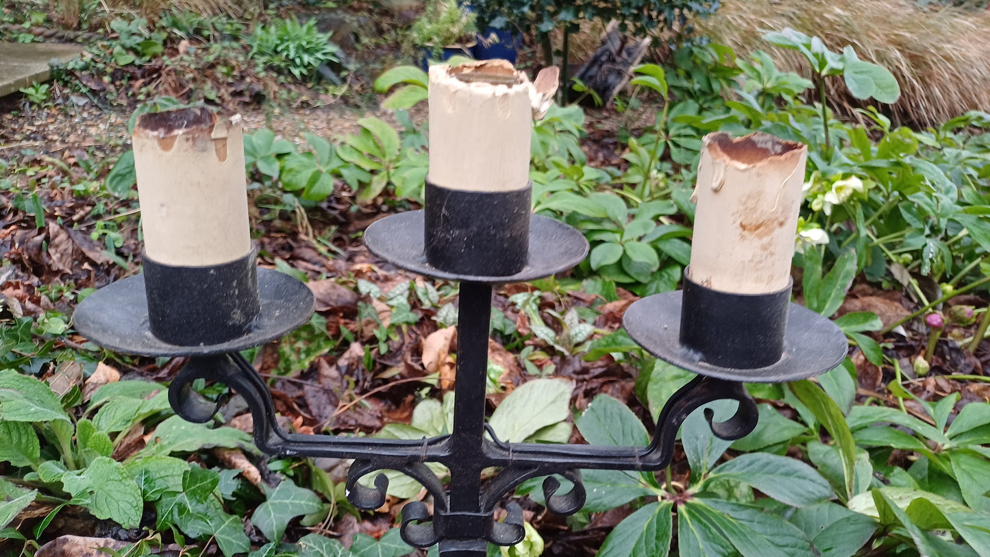 1960s Candelabra style black metal lamp with 3 original red shades - 36cm tall, gothic, medieval, church, olde worlde, pub lamp - WORKING