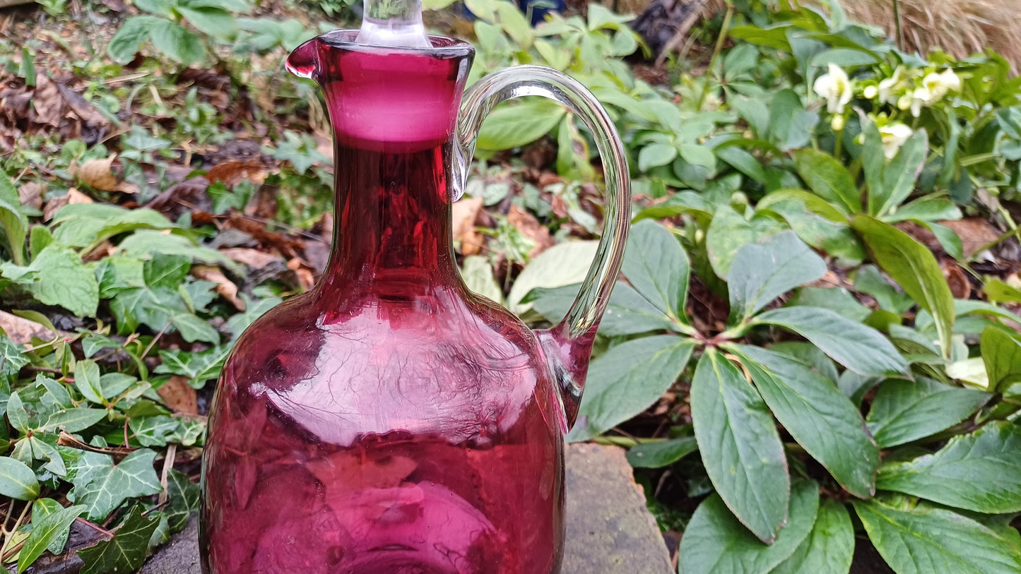 Vintage Cranberry Decanter - handblown pontil - clear handle and stopper -
