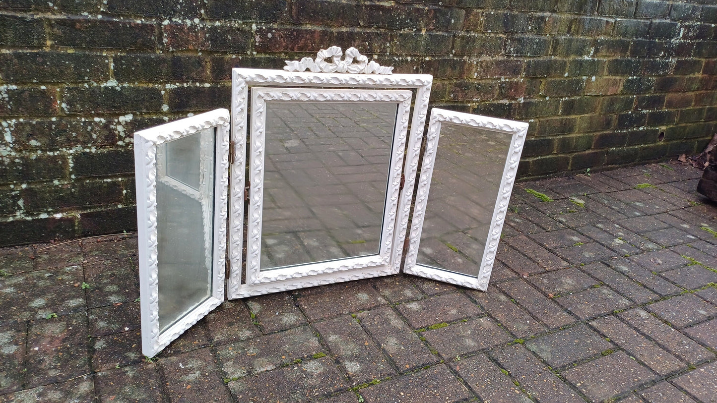 Vintage Painted Wooden Triple Dressing Table Mirror Adjustable Ribbon Decoration.