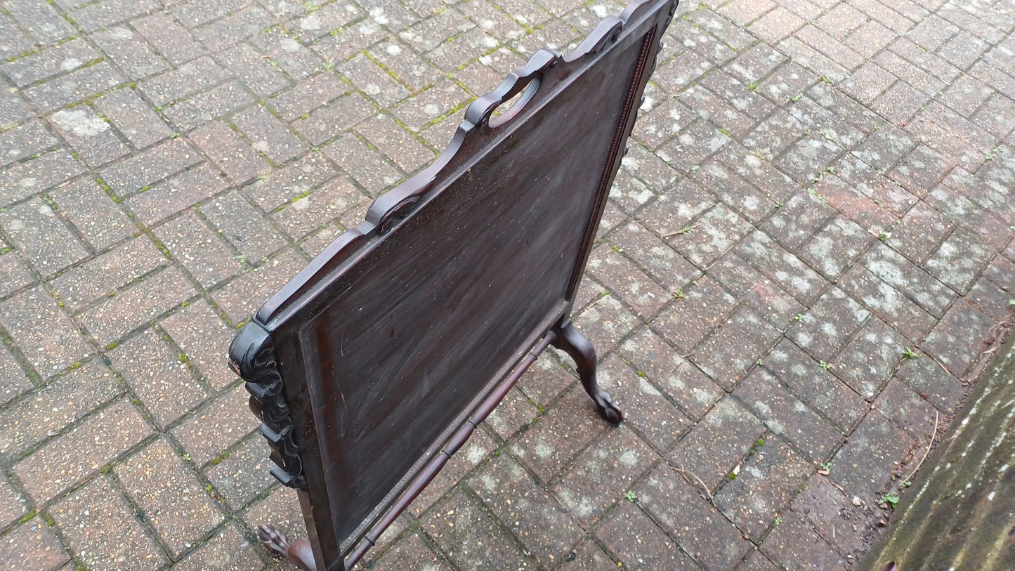 Superb Vintage Mahogany Victorian Tapestry Glazed Fire Screen Ball and Claw Feet