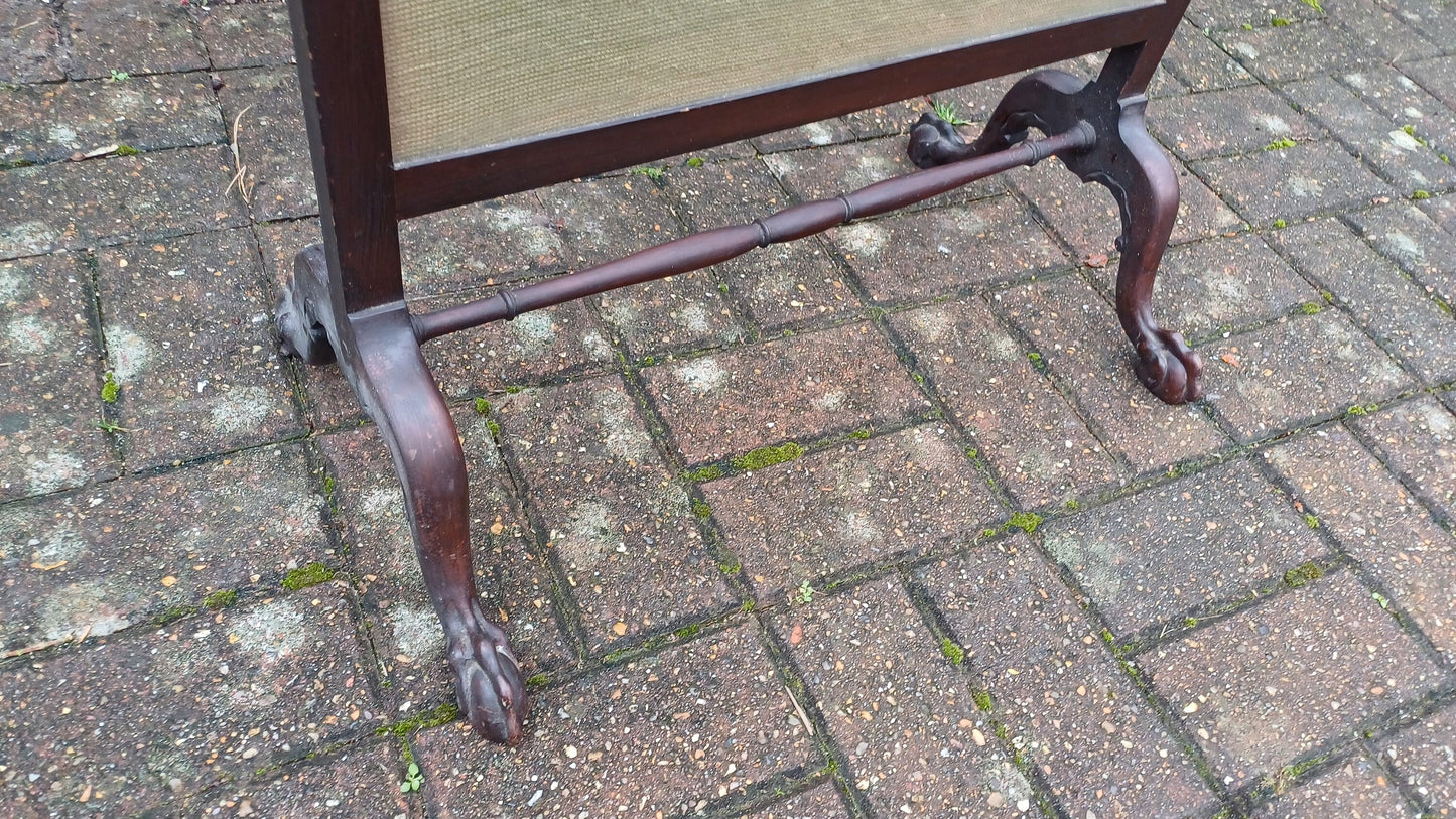 Superb Vintage Mahogany Victorian Tapestry Glazed Fire Screen Ball and Claw Feet