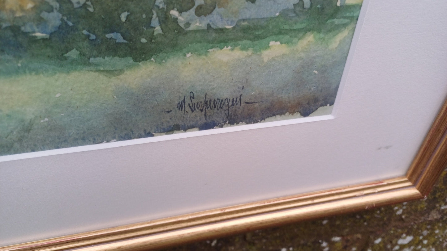 Superb Signed Large Watercolour Print Manuel Susperregui Gold Wooden Glazed Frame.
