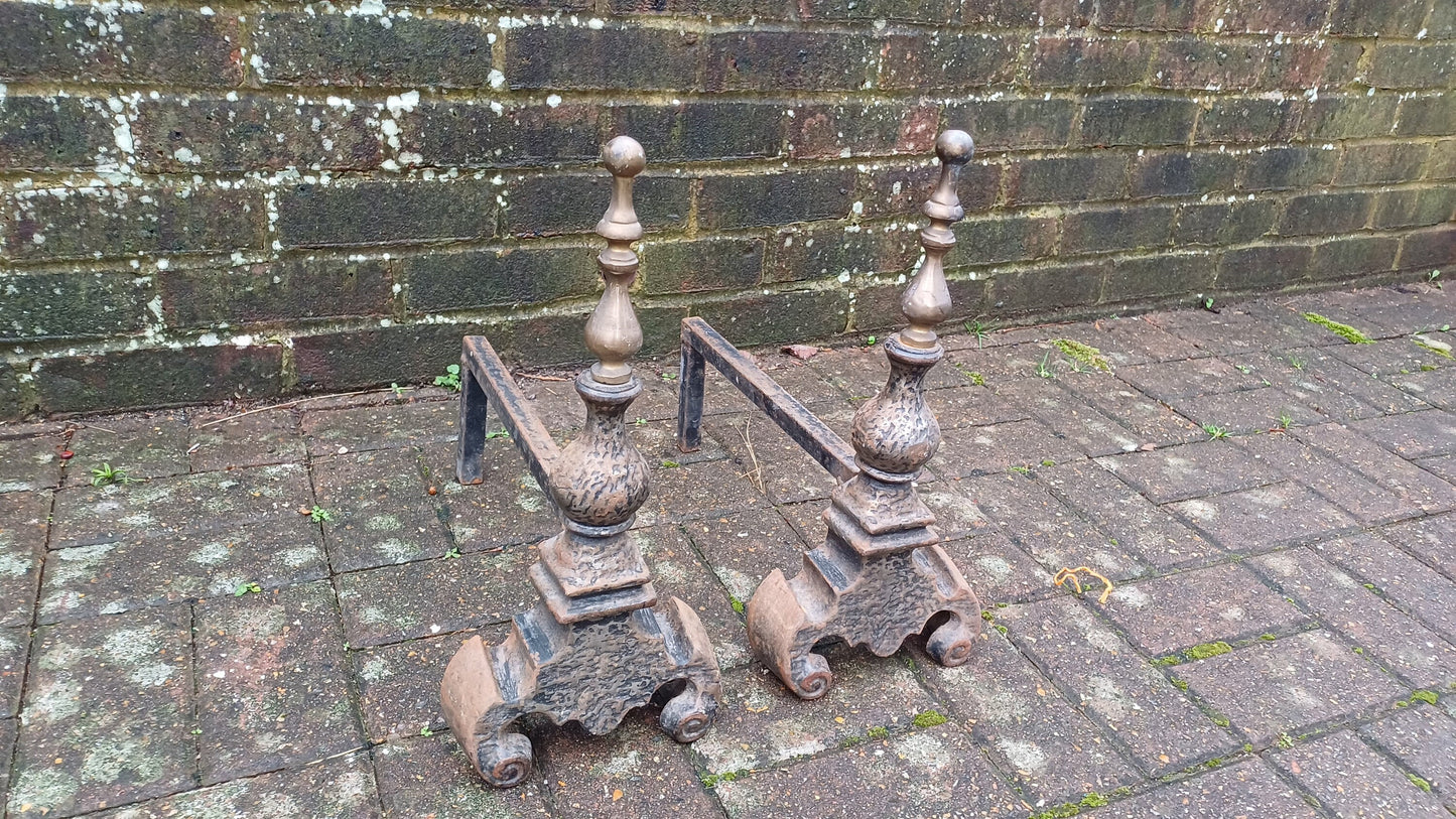 Pair of Vintage Brass and Iron Fire Dogs Fireplace Decor Possibly Continental.