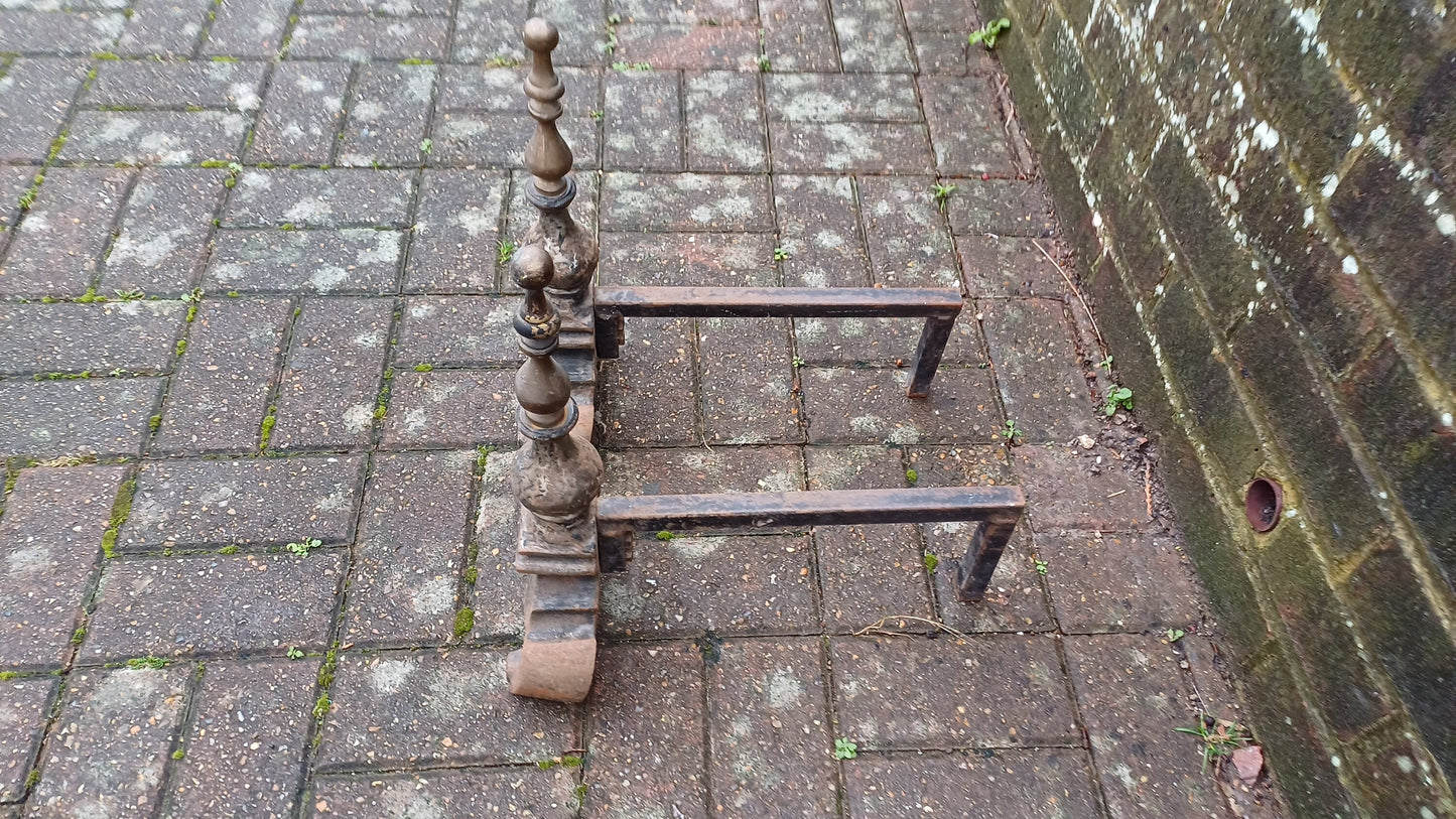 Pair of Vintage Brass and Iron Fire Dogs Fireplace Decor Possibly Continental.