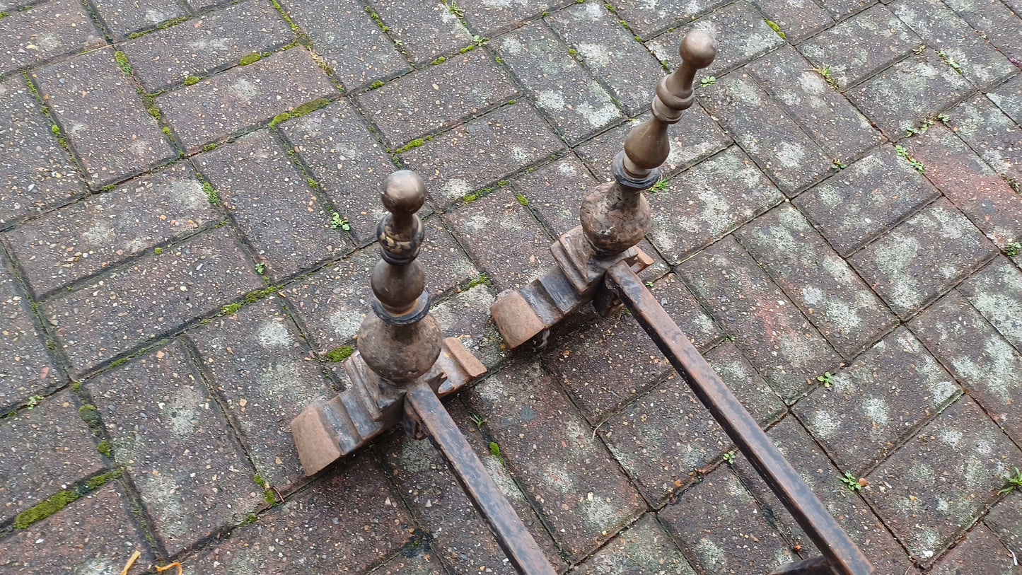 Pair of Vintage Brass and Iron Fire Dogs Fireplace Decor Possibly Continental.