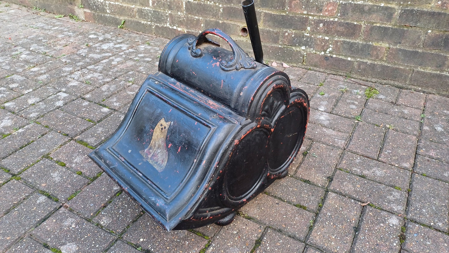 Stunning Painted Black Late Victorian Central European Coal Scuttle Dog Motif with Shovel