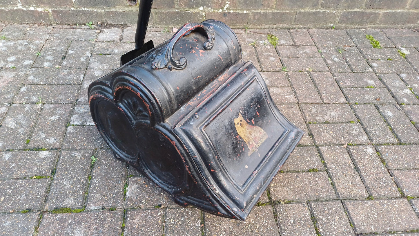 Stunning Painted Black Late Victorian Central European Coal Scuttle Dog Motif with Shovel