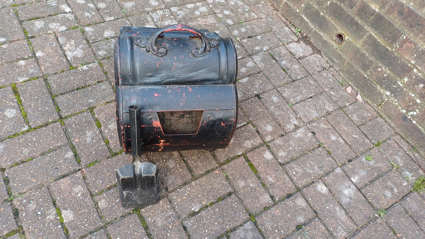 Stunning Painted Black Late Victorian Central European Coal Scuttle Dog Motif with Shovel