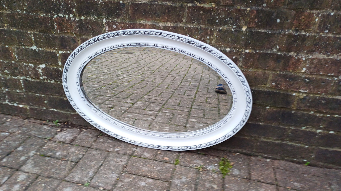 Large Vintage Painted Oval Mirror in Farrow and Ball Wimborne White.