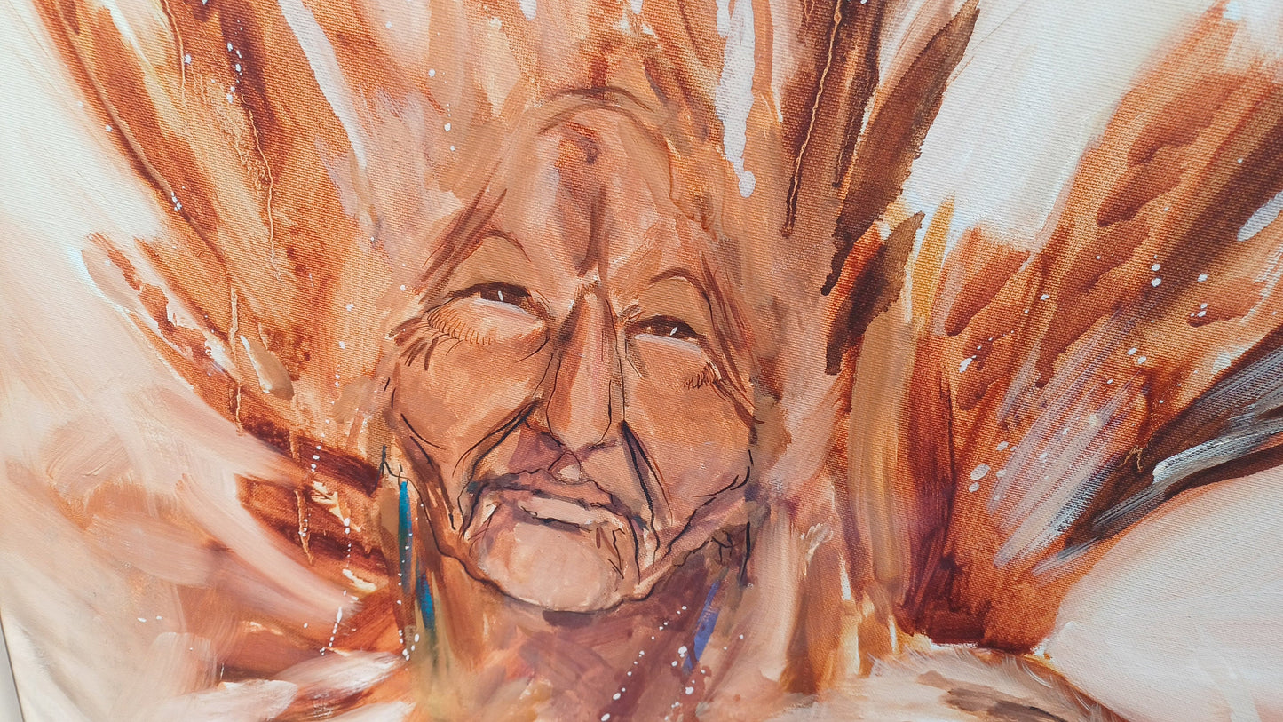 Huge Statement Piece Vintage 1987 Oil Acrylic Native American Nestled Within the Wings of an Eagle Myths and Legends