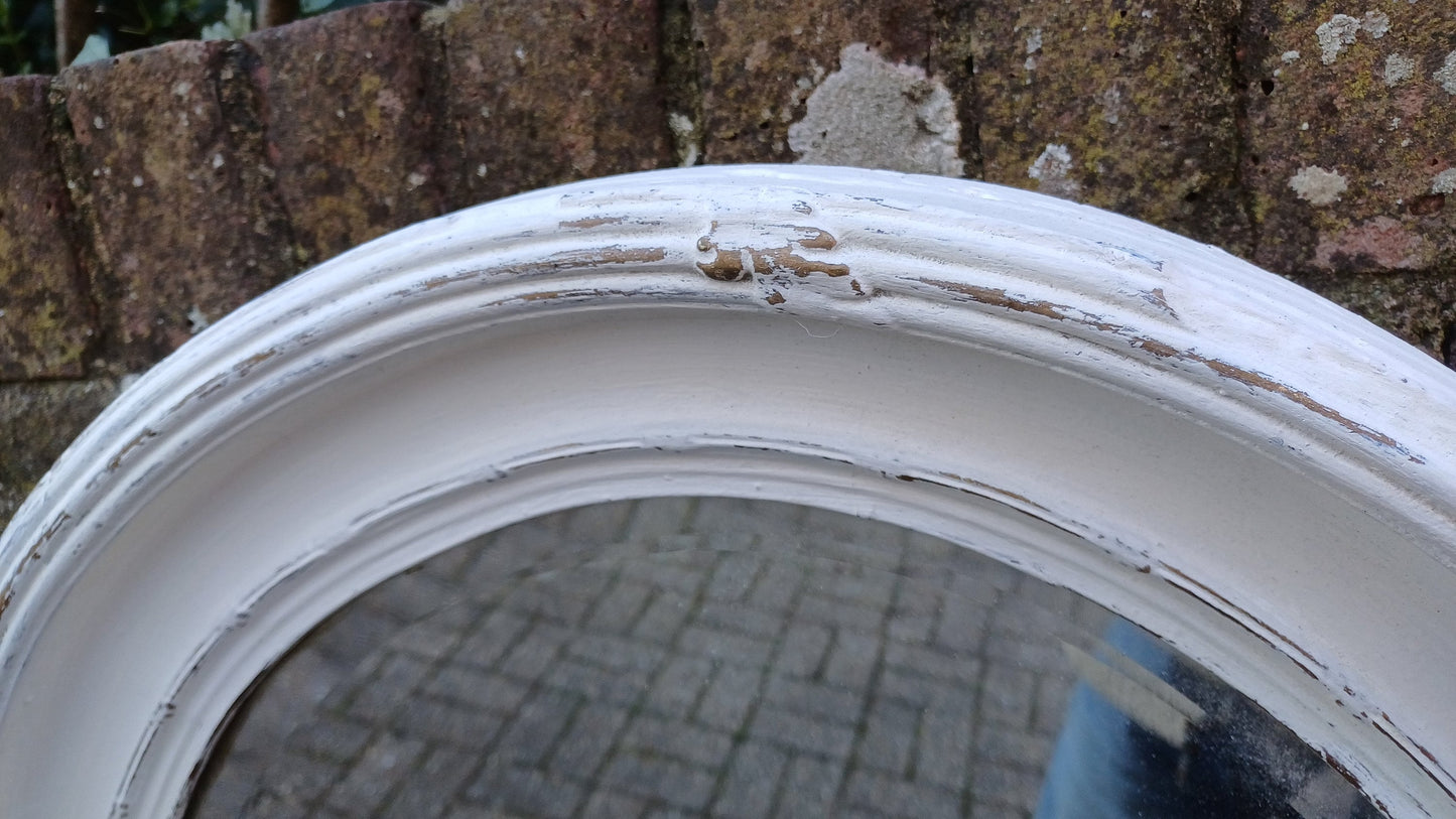 Vintage Unique Painted Shabby Chic Oval Mirror in Farrow and Ball Wimborne White and Gold Highlights