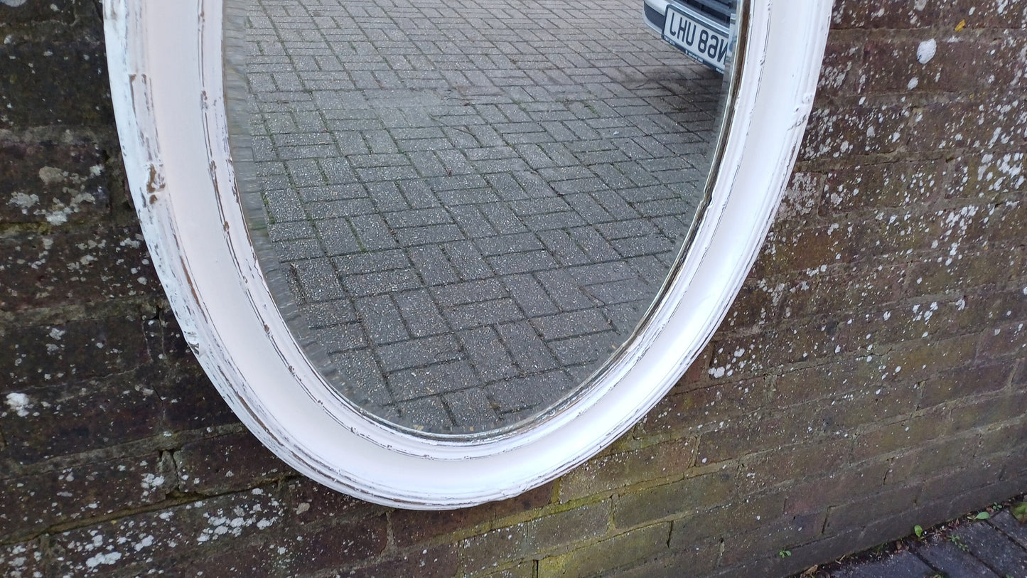 Vintage Unique Painted Shabby Chic Oval Mirror in Farrow and Ball Wimborne White and Gold Highlights