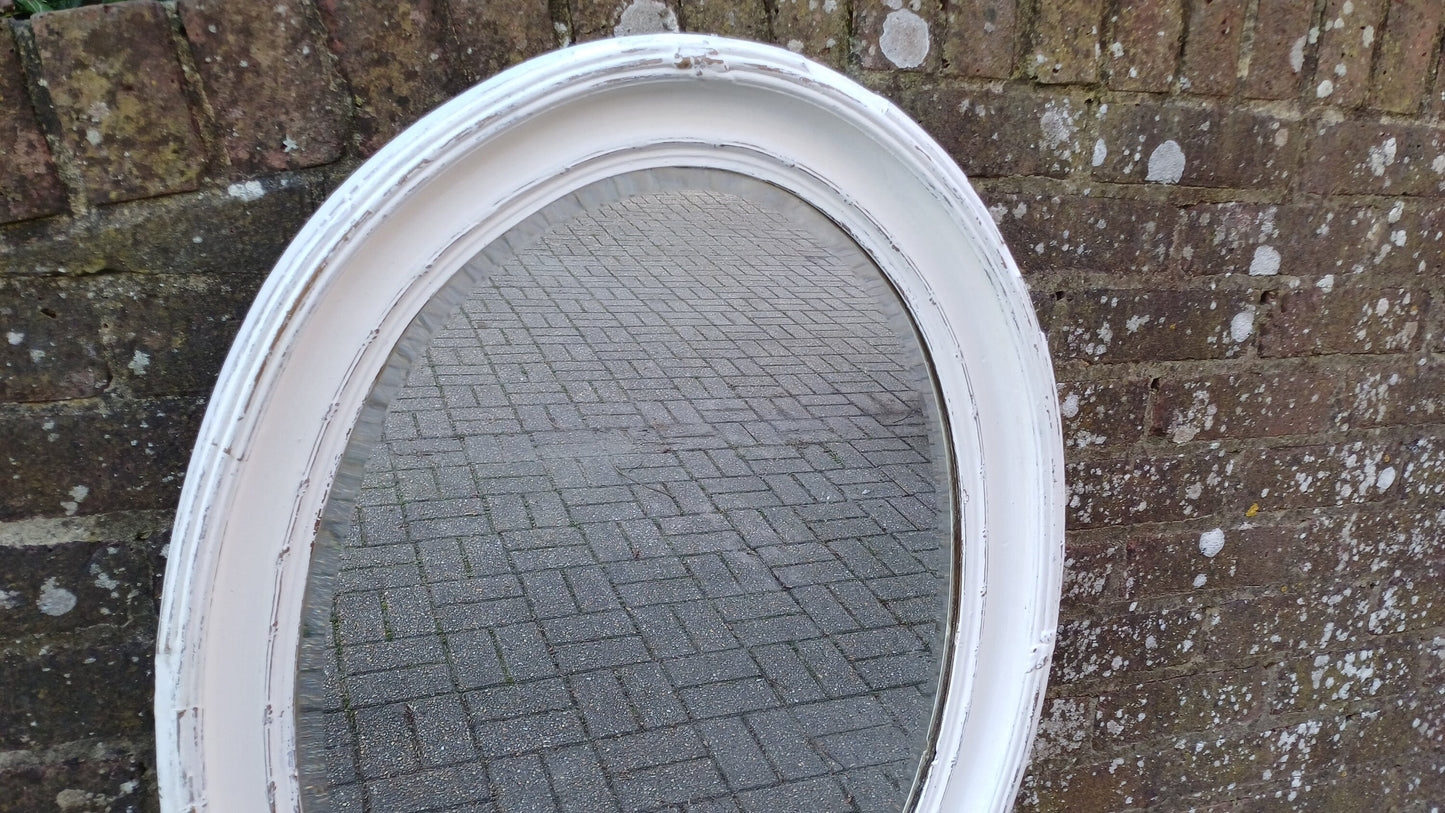 Vintage Unique Painted Shabby Chic Oval Mirror in Farrow and Ball Wimborne White and Gold Highlights