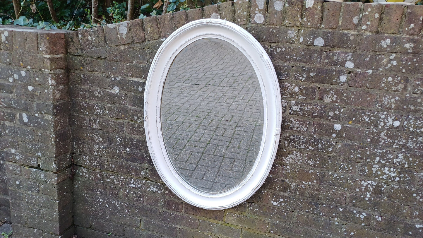 Vintage Unique Painted Shabby Chic Oval Mirror in Farrow and Ball Wimborne White and Gold Highlights