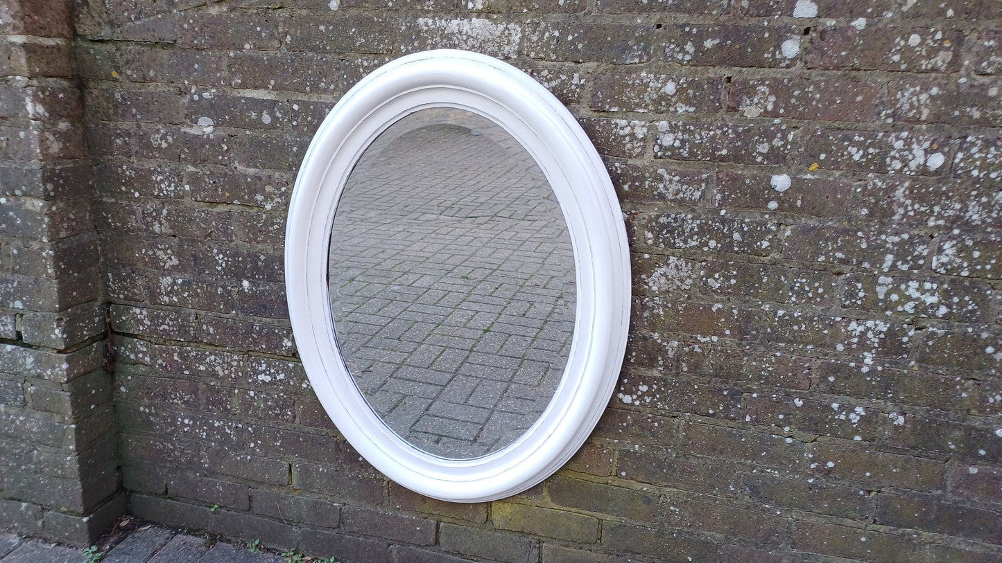 Large Vintage Unique Painted Shabby Chic Oval Mirror in Farrow and Ball Wimborne White 88 x 68 cm
