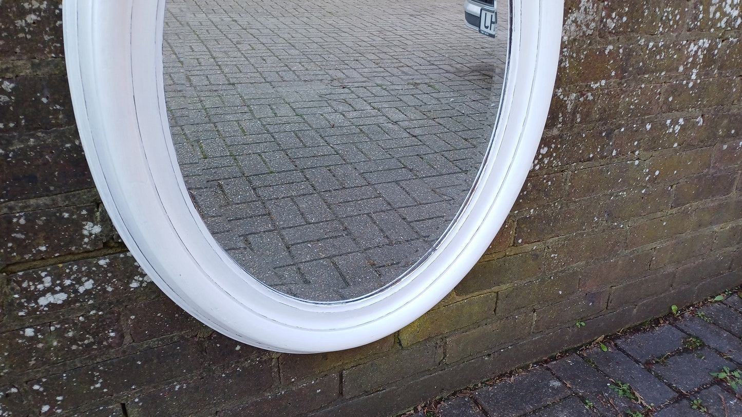 Large Vintage Unique Painted Shabby Chic Oval Mirror in Farrow and Ball Wimborne White 88 x 68 cm