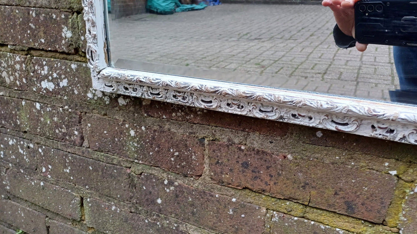 Large Vintage Unique Pierced Painted Shabby Chic Mirror in Farrow and Ball Wimborne White 83 x 57 cm