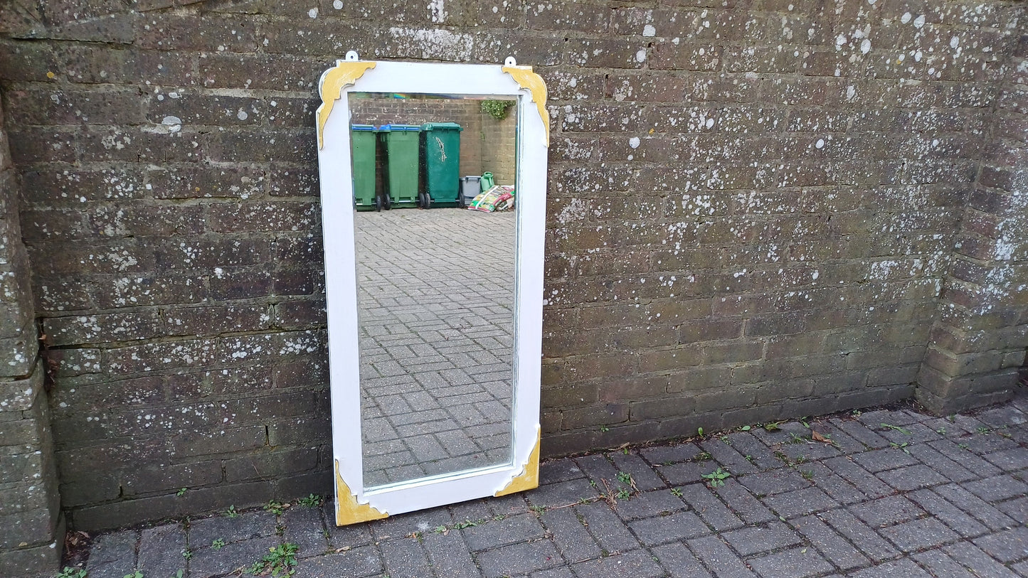 Tall Quality Oak Vintage Unique Painted Shabby Chic Mirror in Farrow and Ball Wimborne White and God Highlights.