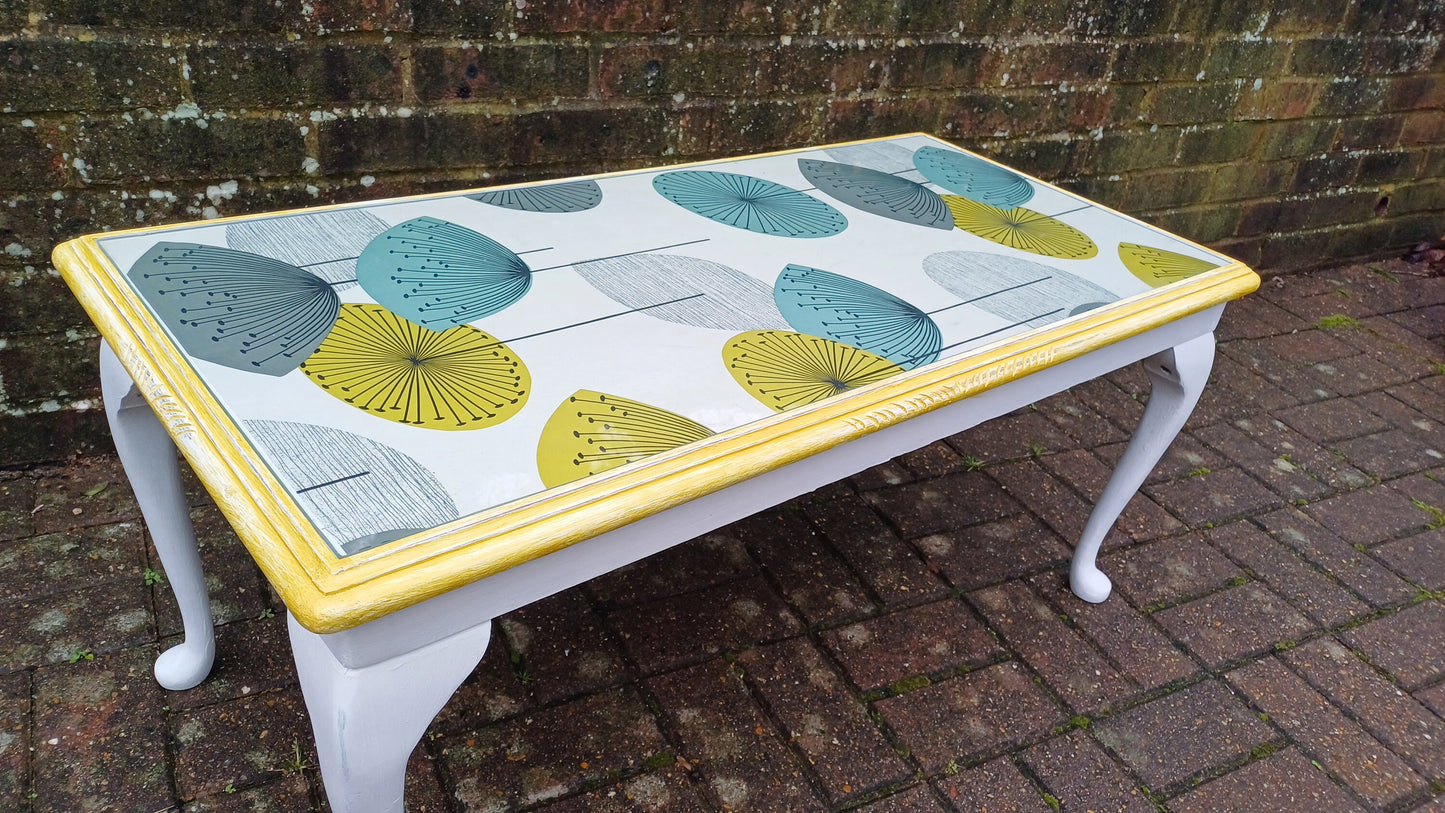 Vintage Painted Glass Top Coffee Table in Farrow and Ball and Sanderson Dandelion Decoupage.