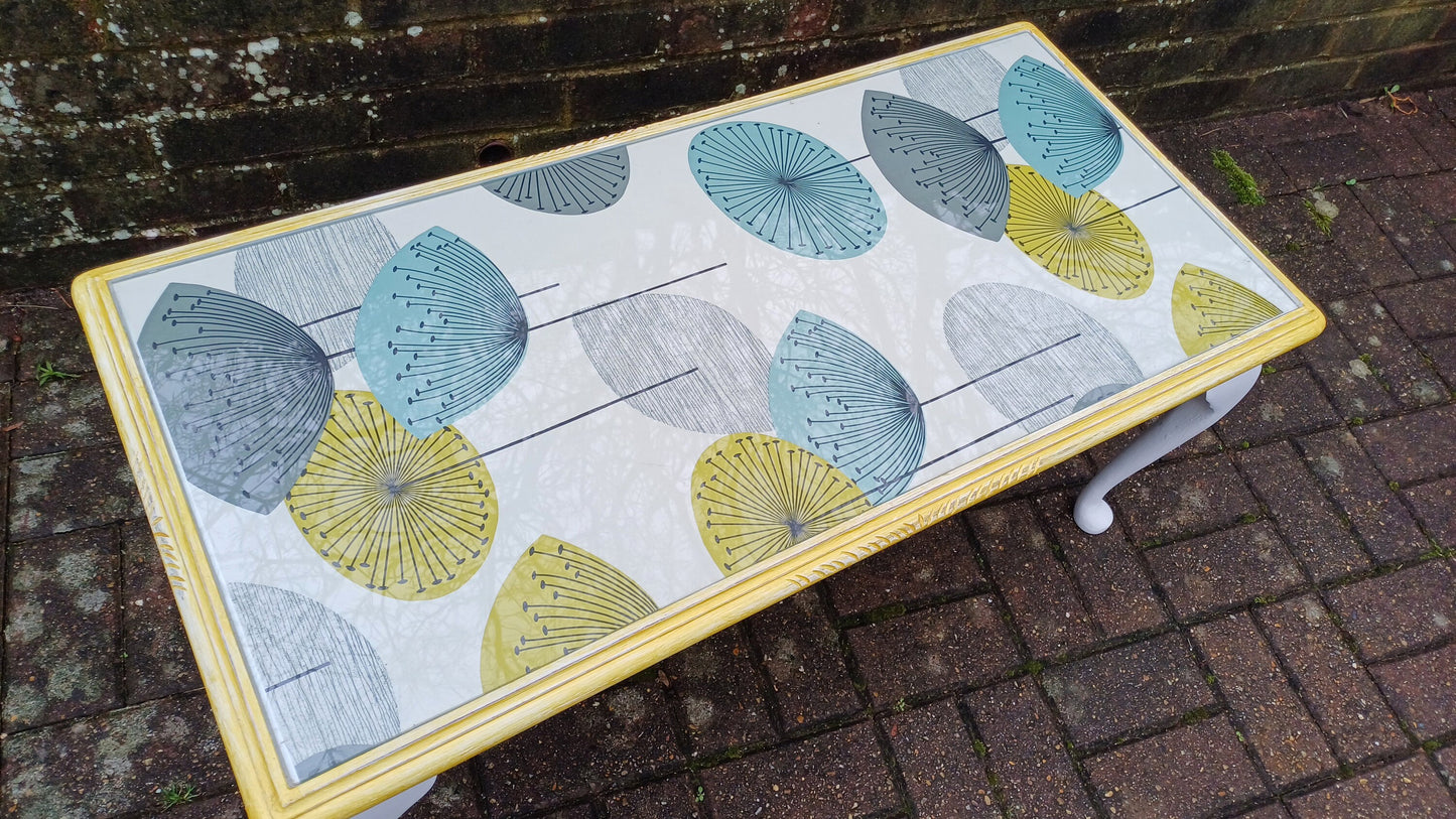 Vintage Painted Glass Top Coffee Table in Farrow and Ball and Sanderson Dandelion Decoupage.