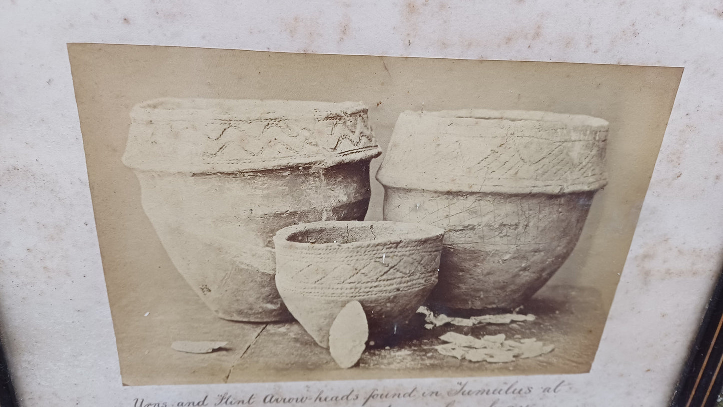 Antique vintage print / photo of Urns and Flint Arrowheads Tomont End 1881 Cumbray (Scotland) in glazed antique black and gold frame